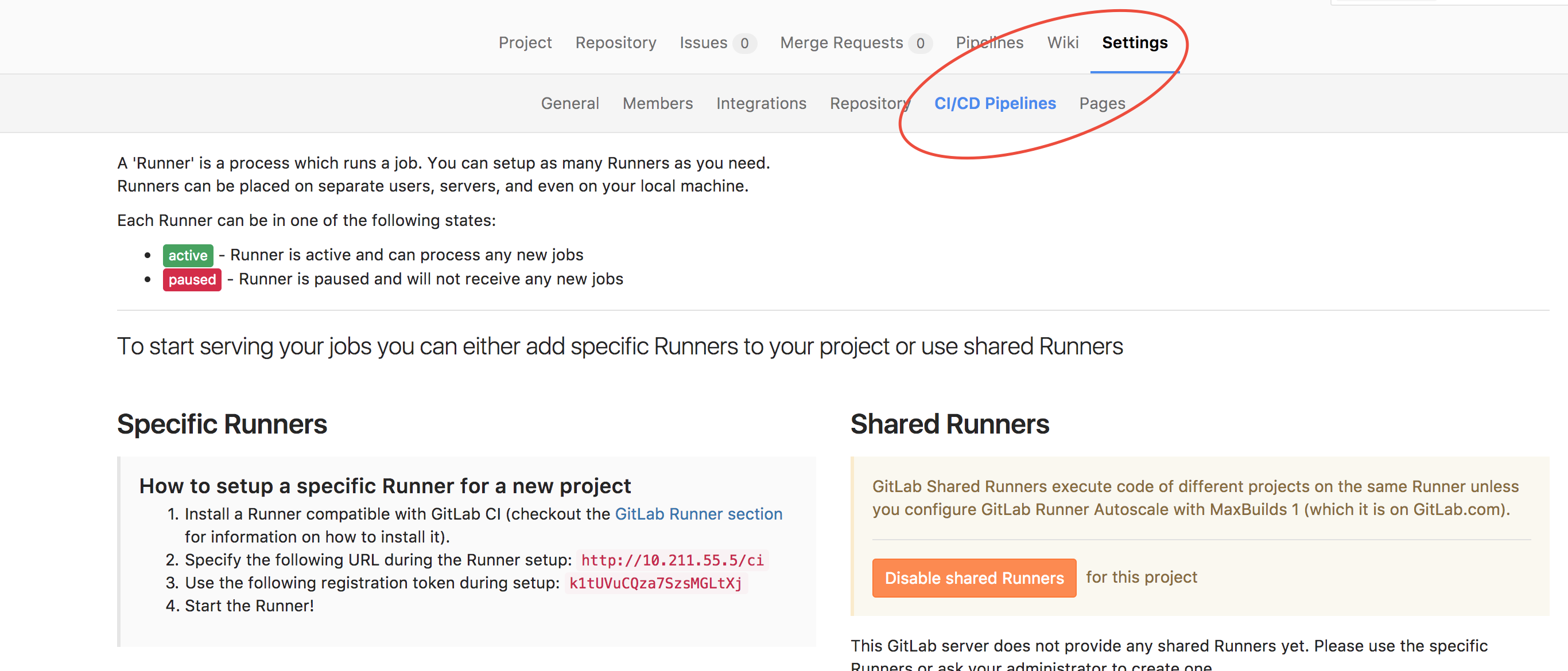 Gitlab project runner setup